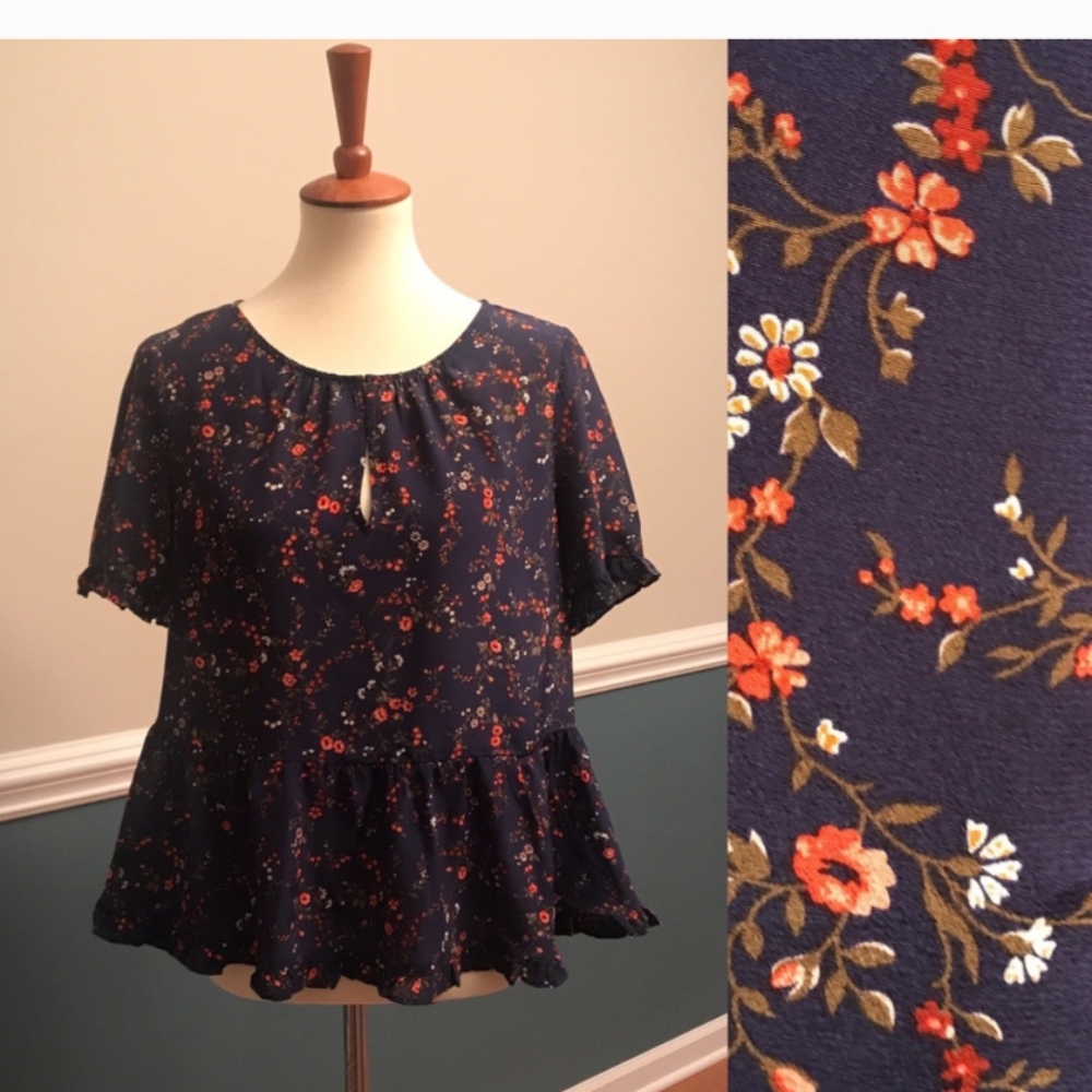 Madewell Silk Ruffle-Hem Top in Moonless Floral